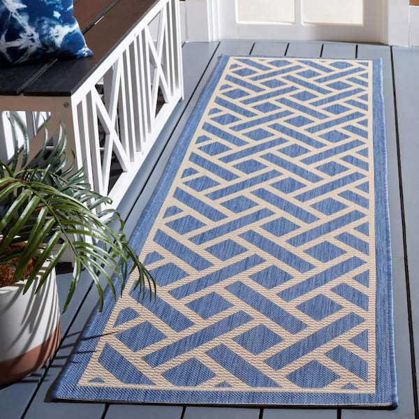 Courtyard Blue/Light Beige 2 ft. x 8 ft. Geometric Lattice Indoor/Outdoor Runner Rug