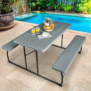 Metal Outdoor Folding Picnic Table and Bench Set for Camping BBQ with Steel Frame Grey