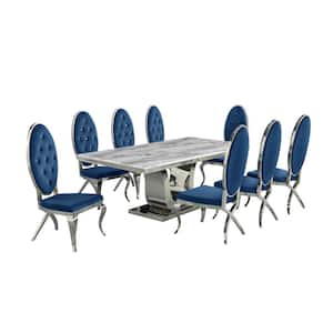 Ada 9-Piece Rectangular White Marble Top with Stainless Steel Base Table Set with 8-Navy Blue Velvet Chairs