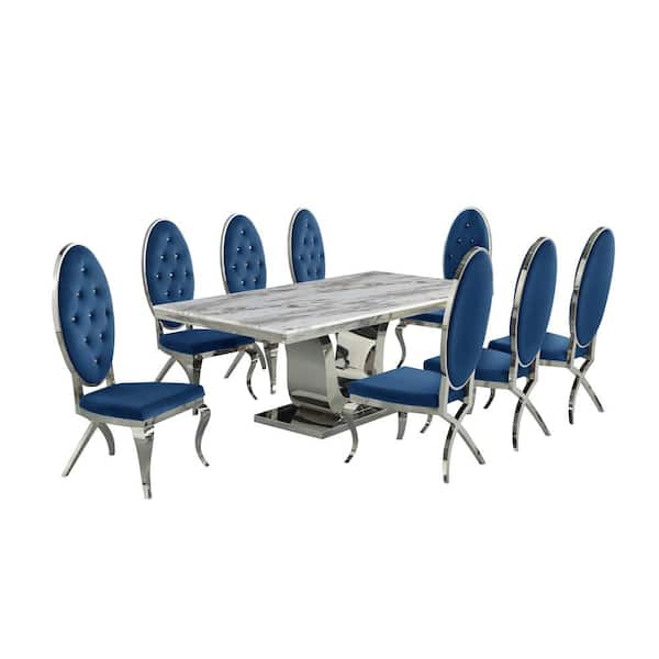 Best Quality Furniture Ada 9-Piece Rectangular White Marble Top with Stainless Steel Base Table Set with 8-Navy Blue Velvet Chairs