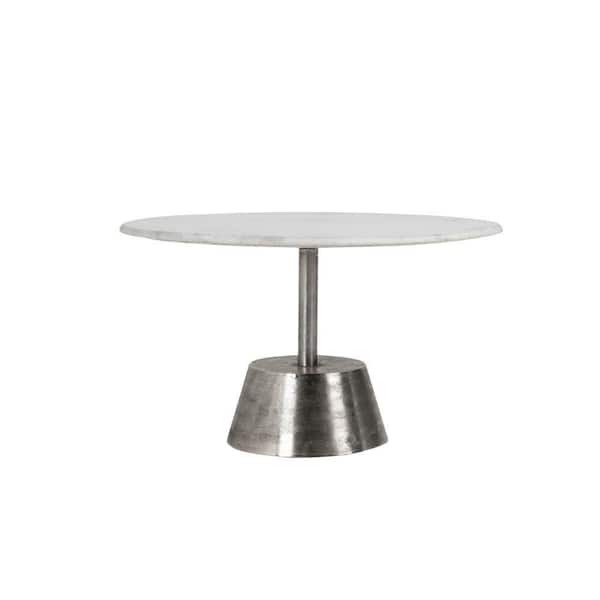 Benjara Tyler 18 in. Brushed Silver Round Coffee Table with White Marble Top Pedestal Base