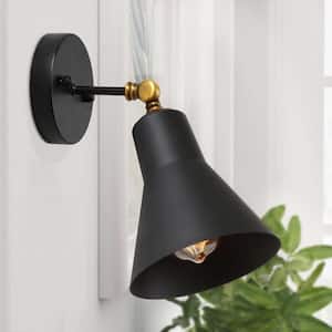 Transitional 1-Light Matte Black and Retro Brass Swing Arm Wall Sconce with Bell Metal Shade Hardwired Wall Lamp