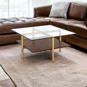 32 in. Gold Square Glass Coffee Table with Shelves Storage