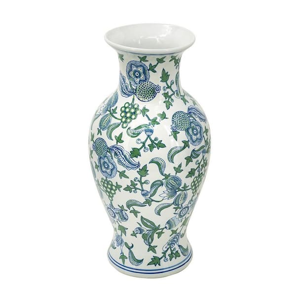 19 in. White Blue And Green Floral Urn Porcelain Table Vase