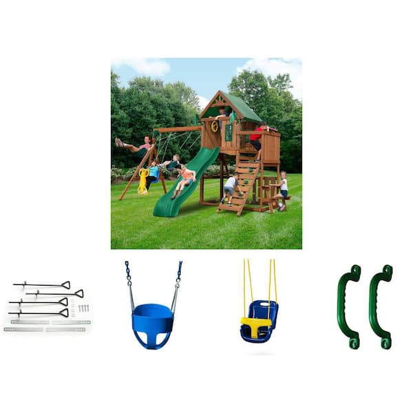 Knightsbridge Playground Set with Slide, Rock Wall, Sandbox, Swings, Blue Infant & Full-Bucket Swings, Anchor Kit