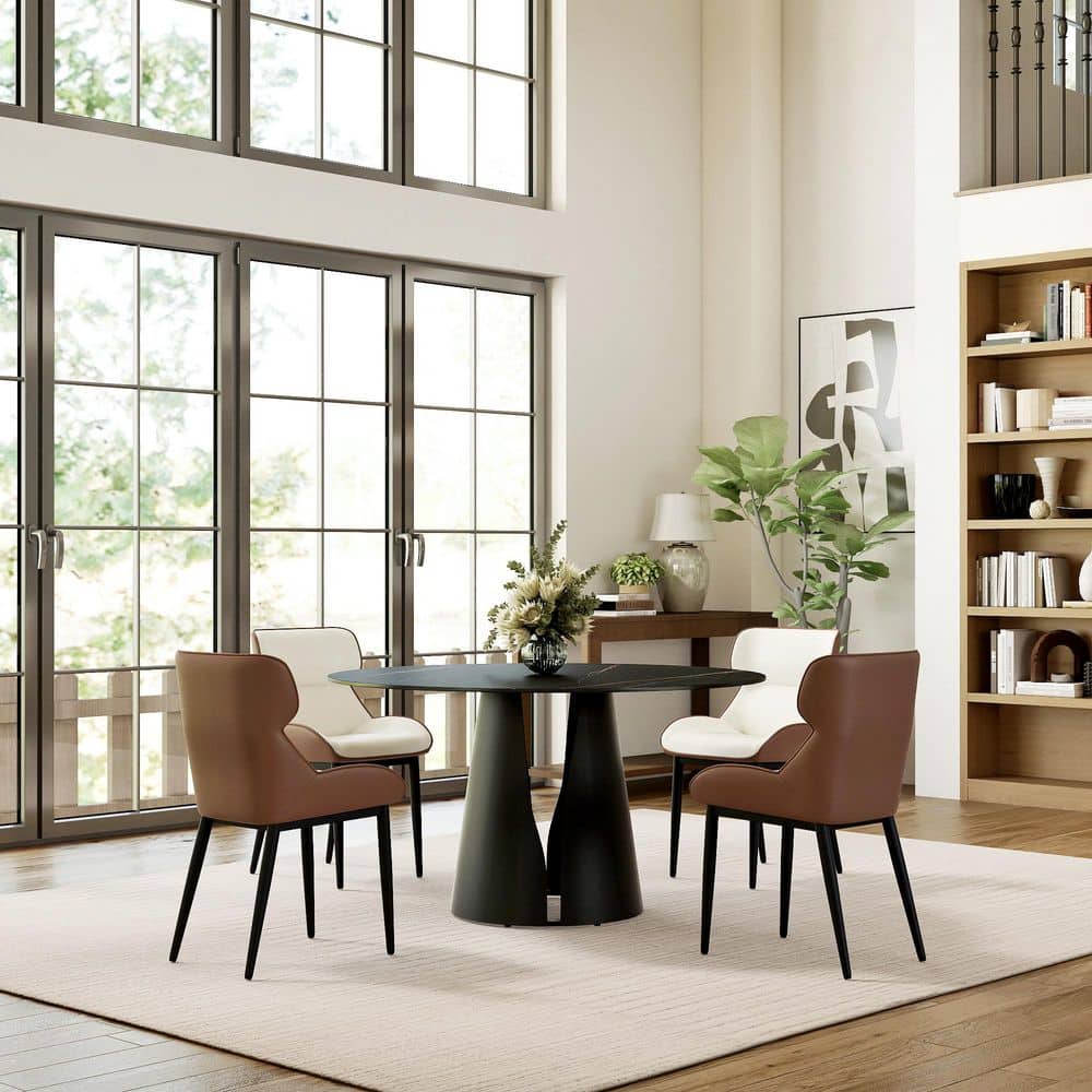 Magic Home 53 in. Black Round Sintered Stone Tabletop Black Pedestal ...