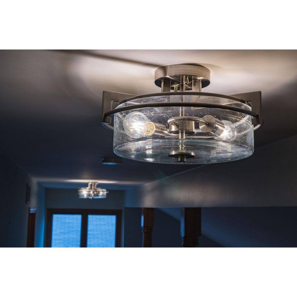 Satin Nickel 15" Drum Ceiling Light with Seeded Glass