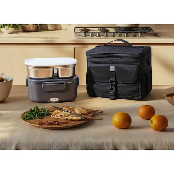 Electric Heated Lunch Box for Adult 12/24/110-Volt Portable Food Warmer w/ 2 Stainless Steel Container and Insulated Bag