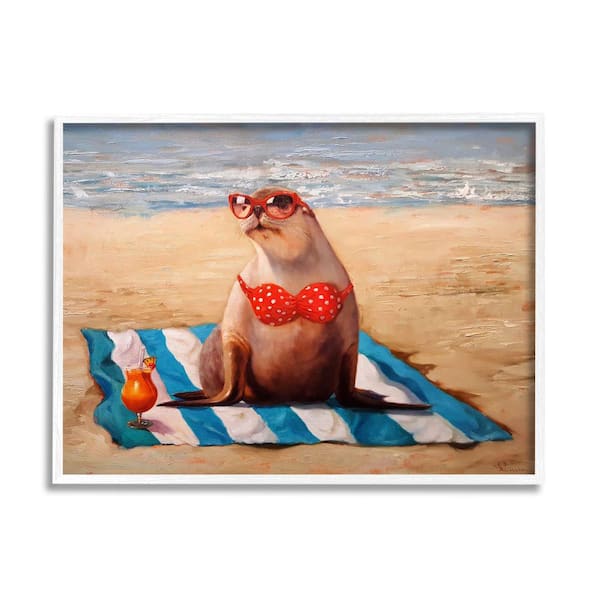 Stupell Industries Polka Dot Bikini Sea Lion Tropical Drink Beach Scene Framed Wall Art in White | 11 x 14 | Michaels