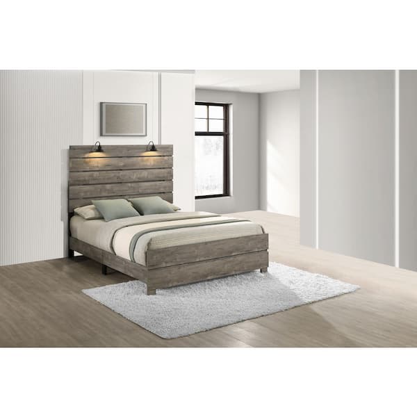Nico Antique Gray Color Wood Frame Full Size Panel Bed With 2 Head Lamps
