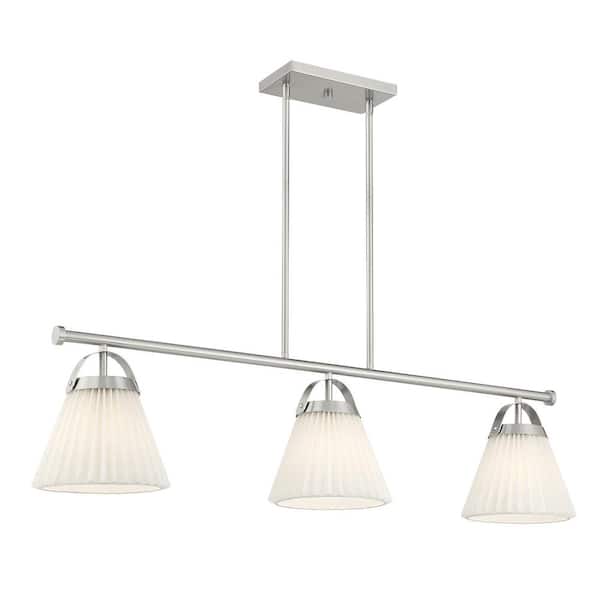 TUXEDO PARK LIGHTING 8 in. W x 10in. H 3-Light Brushed Nickel Scandinavian Linear Chandelier with White Knife Pleated Fabric Shades