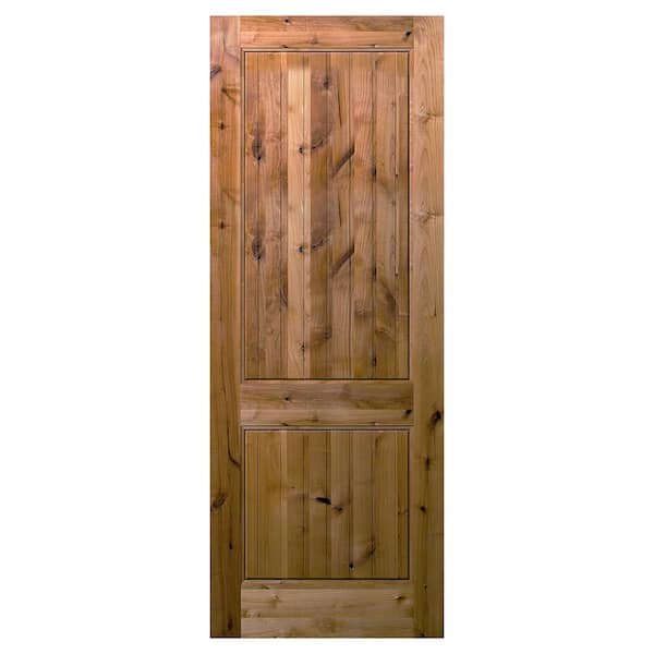 Builders Choice 30 in. x 96 in. 2 Panel Square Top V-Groove Universal Unfinished Knotty Alder Wood Front Door Slab with Ovolo Sticking