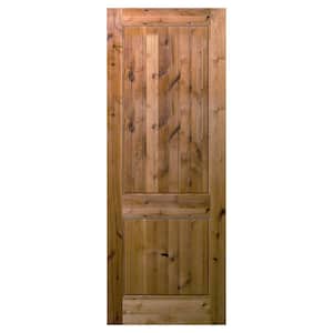 32 in. x 96 in. 2 Panel Square Top V-Groove Universal Unfinished Knotty Alder Wood Front Door Slab with Ovolo Sticking