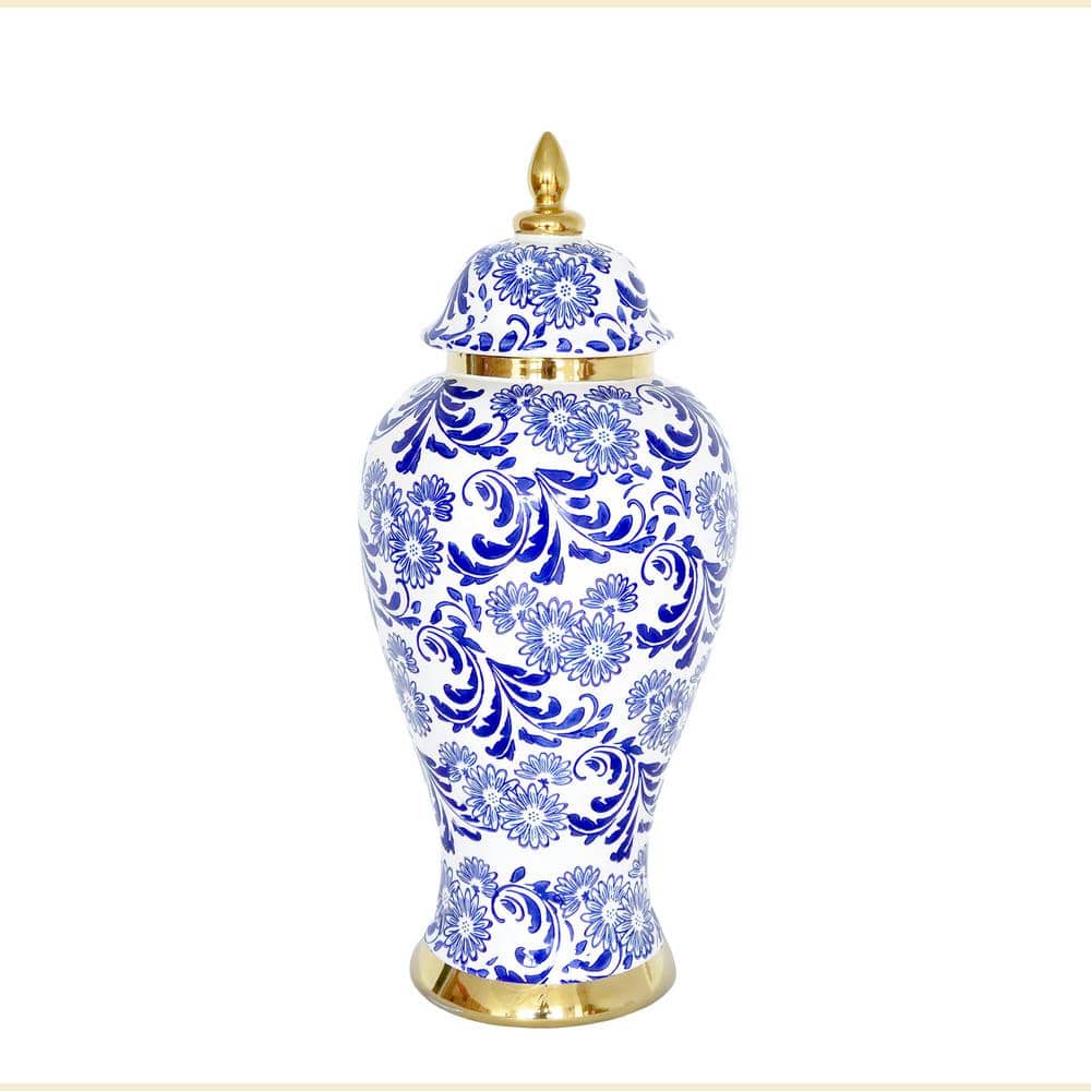 14 in. White and Blue Ceramic Ginger Jar Vase with Removable Gold Accents L