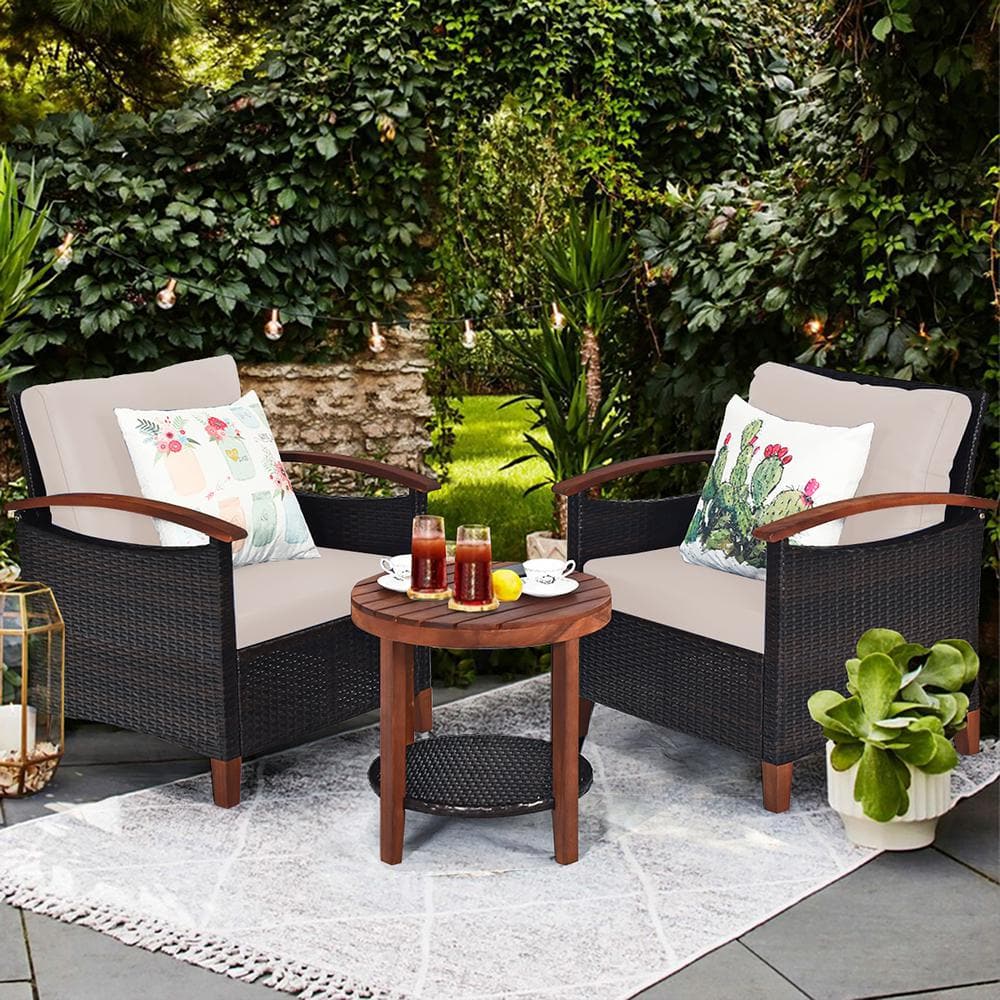 Beige Acacia Wood and Rattan Outdoor Bistro Set