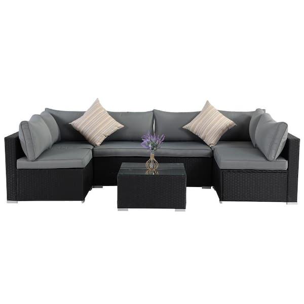 Tenleaf 7-Piece Black Wicker Patio Conversation Set with Gray Cushions ...