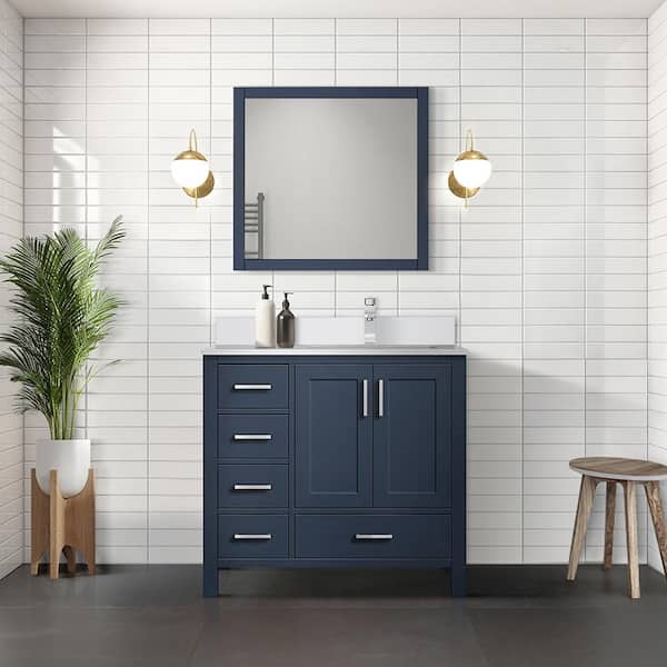 Lexora Jacques 36 in. W x 22 in. D Right Offset Navy Blue Bath Vanity, Cultured Marble Top, Faucet Set, and 34 in. Mirror