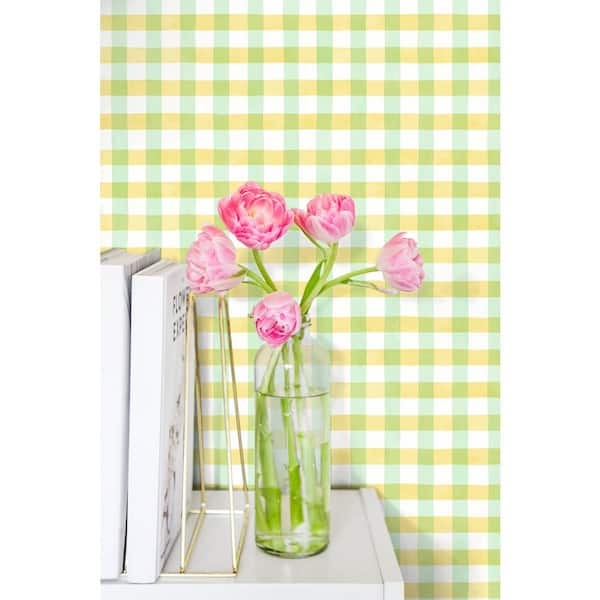 30.75 sq. ft. Lemon Lime Spring Plaid Vinyl Peel and Stick Wallpaper Roll