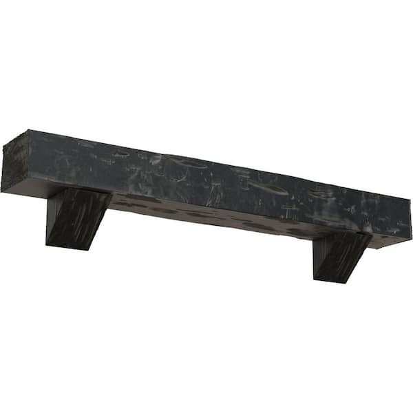 Ekena Millwork 8 in. x 10 in. x 5 ft. Pecky Cypress Faux Wood Fireplace Mantel Kit with Breckinridge Corbels, Aged Ash