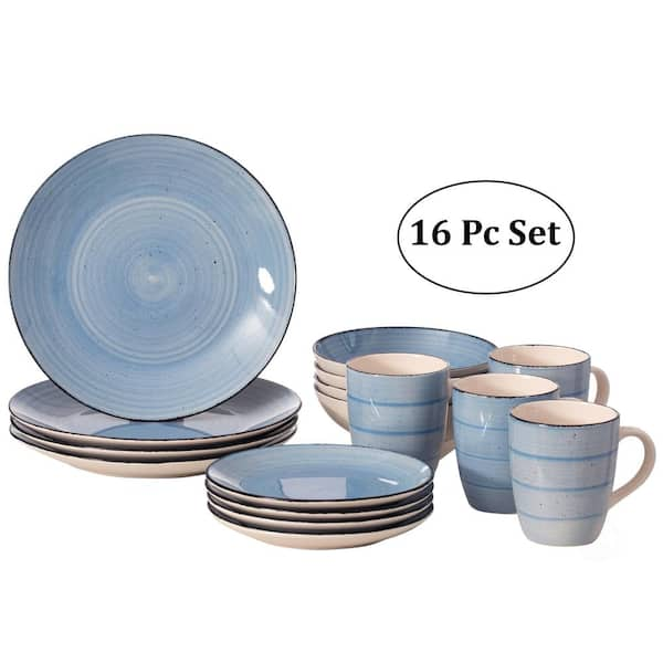 16 Piece Stoneware Dinnerware Set, Blue, With Four Dinner Plates, deals Salad Plates, Bowls And Mugs, Simple Classic Shape, Microwave Safe