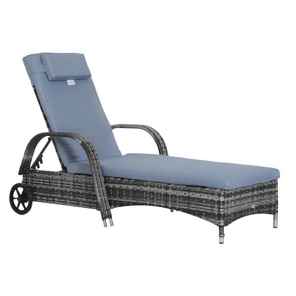 Unbranded Mixed Gray Wicker Outdoor Chaise Lounge, 5-Level Adjustable Backrest with Wheels, Gray Cushions and Headrest