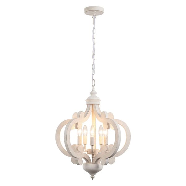 5-light Vintage White Lantern Chandelier With Wood Shade For Dinning Room Foyer and NO Bulb Includes