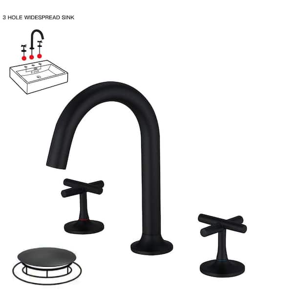 HOMEMYSTIQUE 8 in. Widespread Double Handle Bathroom Faucet with Drain Kit Included and Corrosion Resistant in Matte Black