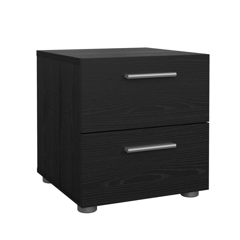 Black Woodgrain 2-Drawer Nightstand with Metal Handles