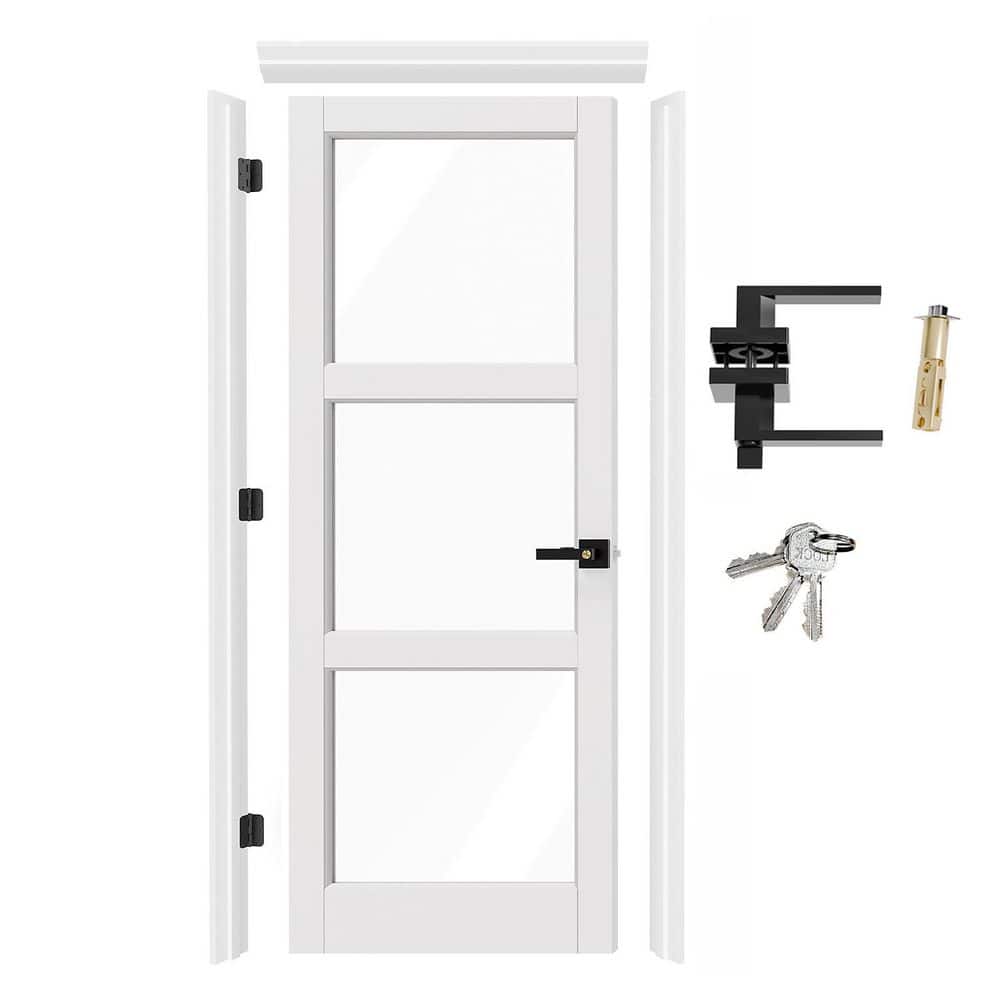 28 in. x 80 in. Left-Handed 3 Lite Clear Glass Primed Wood Interior Door with Quick Assemble Door Jamb Kit, Lever &Latch price history on PriceWatchPro
