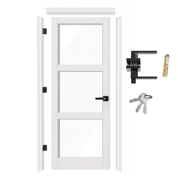 30 in. x 80 in. Left-Handed 3 Lite Clear Glass Primed Wood Interior Door with Assembly Required Jambs, Privacy Levers
