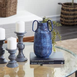 13 in. Blue Ceramic Decorative Vase with Handles