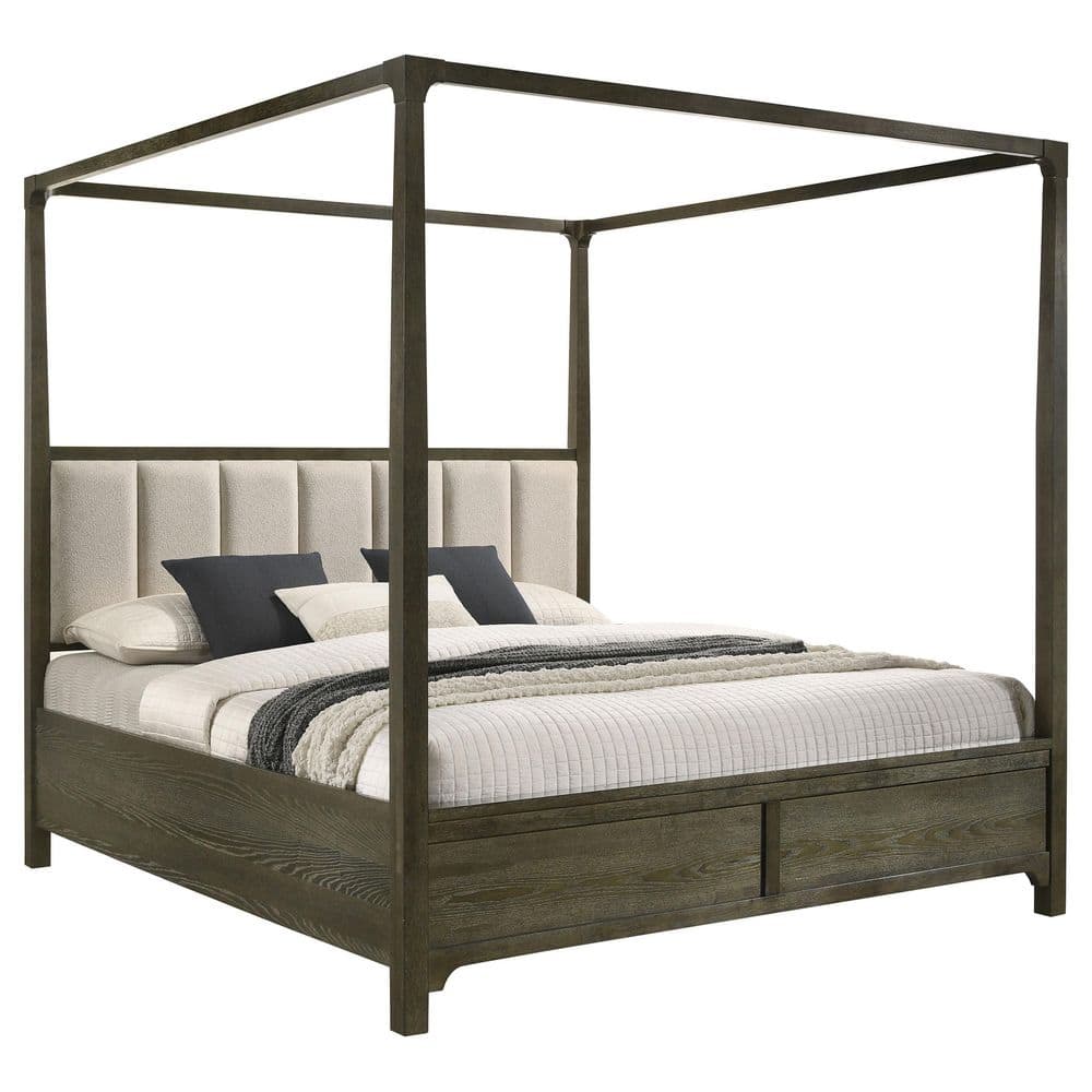 Dark Cocoa Queen Canopy Bed with Upholstered Headboard and Drawer