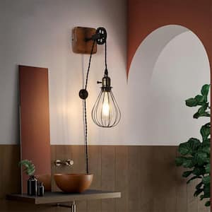 4.7 in. 1-Light Plug in Adjustable Height Industrial Wood Base Wall Sconce Fixture/Toggle Switch and Black Cage Shade