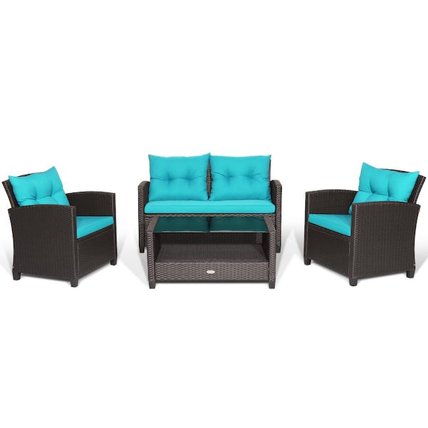 HONEY JOY 4-Piece Wicker Patio Conversation Set Chair Coffee Table Classic Furniture Set with Turquoise Cushions