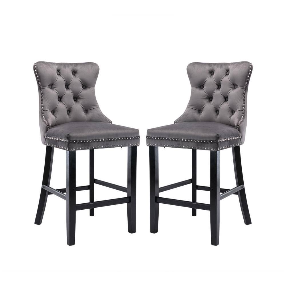 41.5 in. Gray High Back Wood with Button Tufted Decoration Bar Stool with V