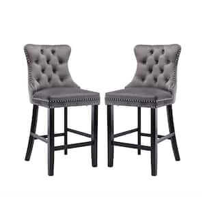 41.5 in. Gray High Back Wood with Button Tufted Decoration Bar Stool with Velvet Seat (Set of 2)