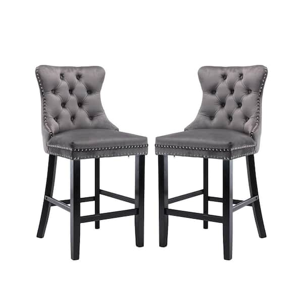 Unbranded 41.5 in. Gray High Back Wood with Button Tufted Decoration Bar Stool with Velvet Seat (Set of 2)