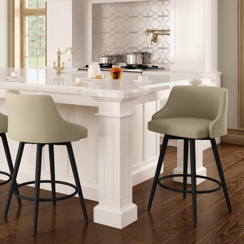 Elegant Beige Fabric Swivel Bar Stool with Black Metal Frame