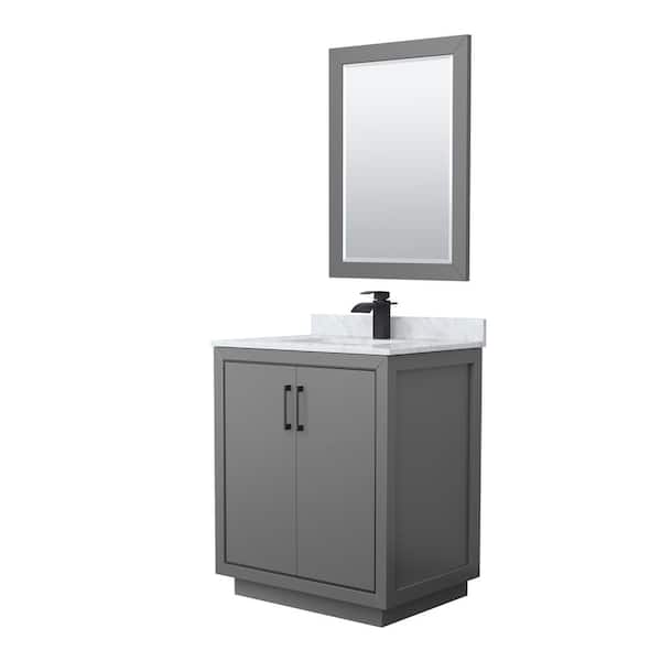 Wyndham Collection Icon 30 in. W x 22 in. D x 35 in. H Single Bath Vanity in Dark Gray with White Carrara Marble Top and 24" Mirror