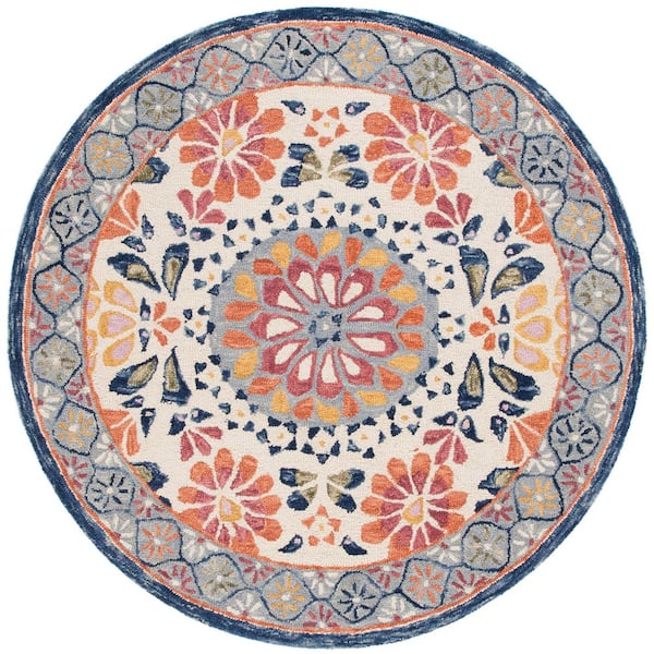 Blossom 6 ft. x 6 ft. Ivory/Red Floral Border Round Area Rug