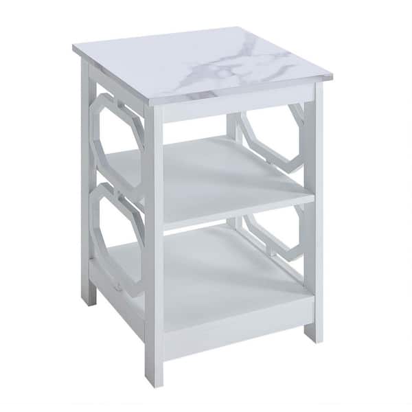 Convenience Concepts Omega 15.75 in. White Square White Faux Marble Top End Table with Shelf