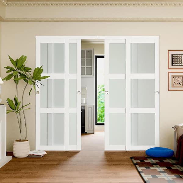 144 in. x 80 in. 3-Lite Frosted Glass MDF Pre-Drilled Sliding Door with Hardware Track Kit and Handle Need to Assemble