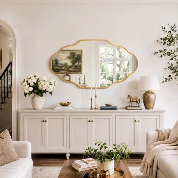 24 in. W x 36 in. H Scalloped Gold Aluminum Alloy Framed Wall Mirror Irregular Decorative Wall Mirror