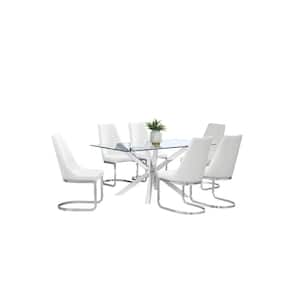 Tom 7-Piece Rectangle Glass Top With Stainless Steel Base Table Set With 6 White Faux Leather Chair With Chrome Legs