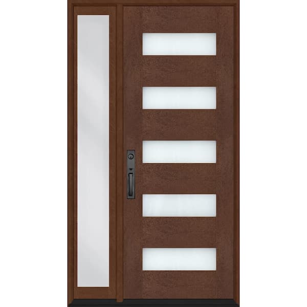 Regency 51 in. x 80 in. 5L Modern Frosted Glass RHIS Chestnut Fiberglass Prehung Front Door w/12in. SL & 8011BLK Lockset