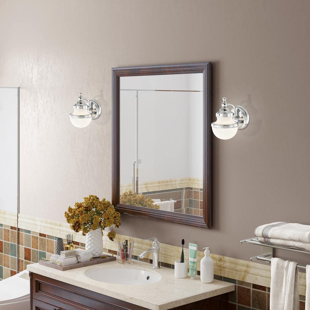Sleek Industrial Polished Chrome 1-Light Bath Vanity with Hand Blown Opal Glass