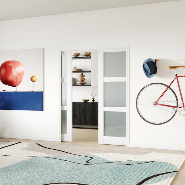 48 in. x 80 in. Double 24 in. W Doors 3 Lite Tempered Frosted Panel MDF White Primed Pocket Door Frame Hardware Included