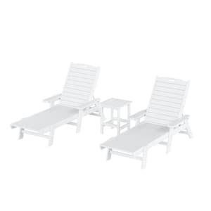 Harlo 3-Piece White Fade Resistant HDPE Plastic Reclining Outdoor Patio Chaise Lounge Arm Chair and Table Set