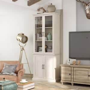 Vintage Style Beige Wood Grain 81.7 in. H Accent Storage Cabinet, Bookcase, Display Cabinet with 5-Shelves and 4-Doors