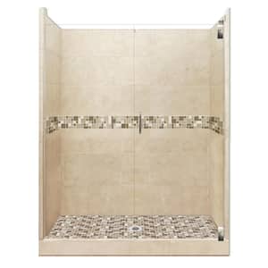 Tuscany Grand Hinged 36 in. x 42 in. x 80 in. Center Drain Alcove Shower Kit in Brown Sugar and Satin Nickel Hardware